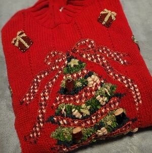 TIARA LADIES HIGH NECK CHRISTMAS SWEATER SIZE LARGE EUC COTTON BLEND 83437 HEAVY
